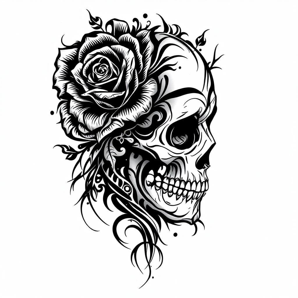 une rose qui se transforme en crâne, style néo-traditionnel