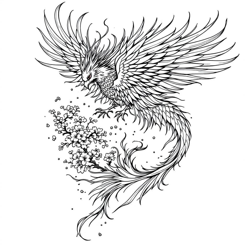 un phénix renaissant de ses cendres en style japonais